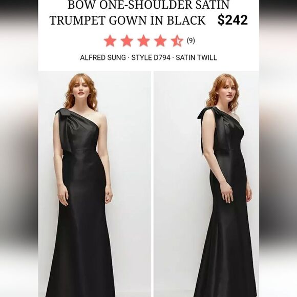 NWT Alfred Sung Bow One-Shoulder Satin Trumpet Gown Black Size 10 - Picture 13 of 14